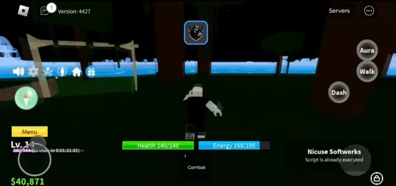 Delta Executor in-game floating menu with Aura, Walk, and Dash controls active during Roblox gameplay