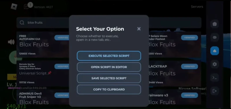 Delta Executor execute menu with options to run, open in editor, save, or copy a selected Roblox script